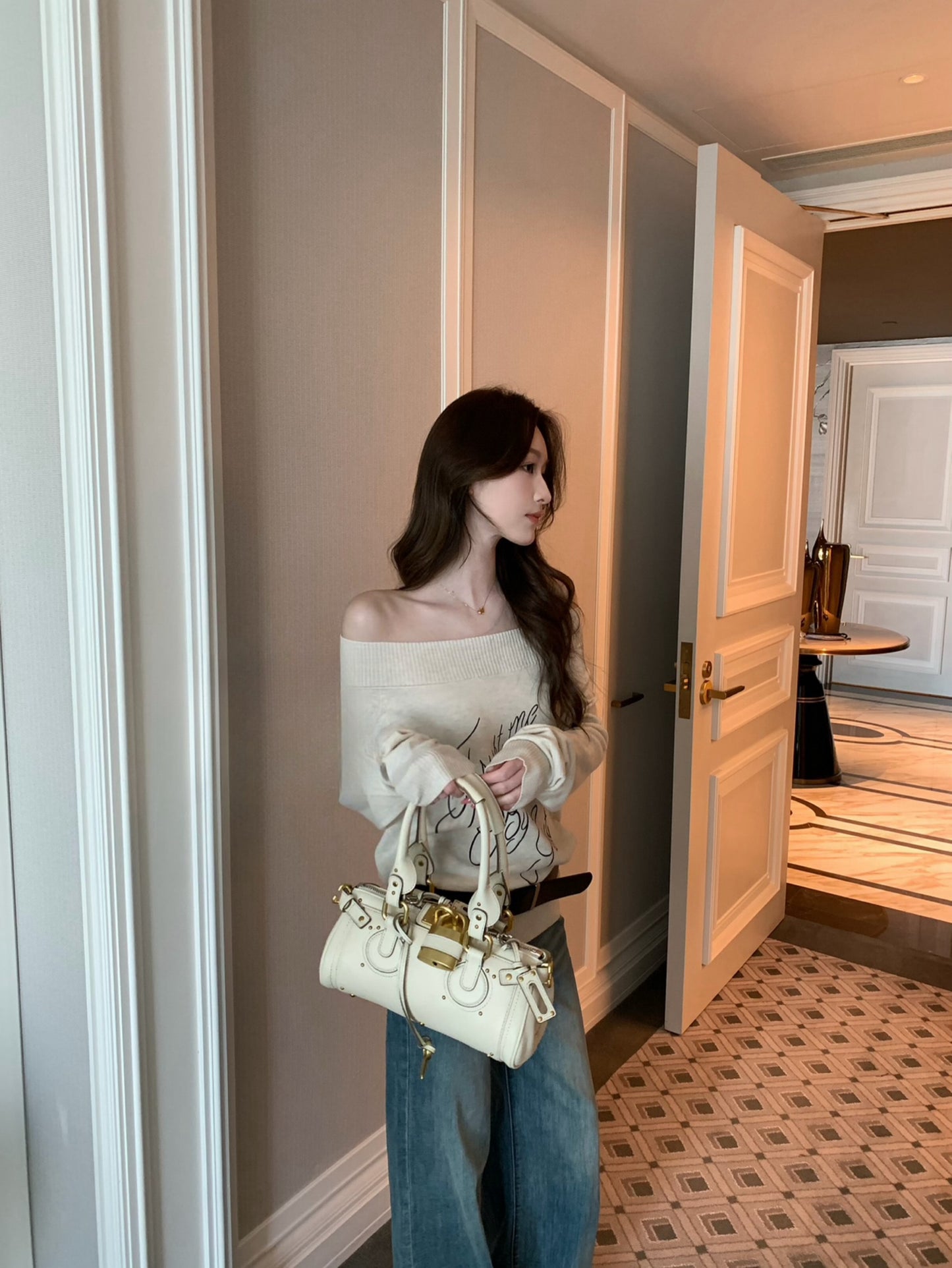 Kelly Designs Off-Shoulder Letter Knit Top with Belt (6% Wool Blend) (Instock)