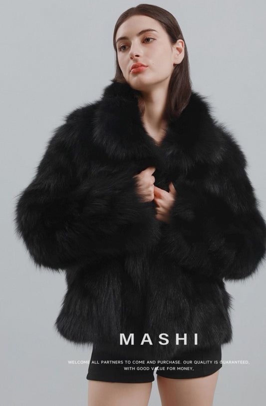 Kelly Designs Fox Fur Black Jacket- 2Ways with High Neck/Round Neck (Instock)