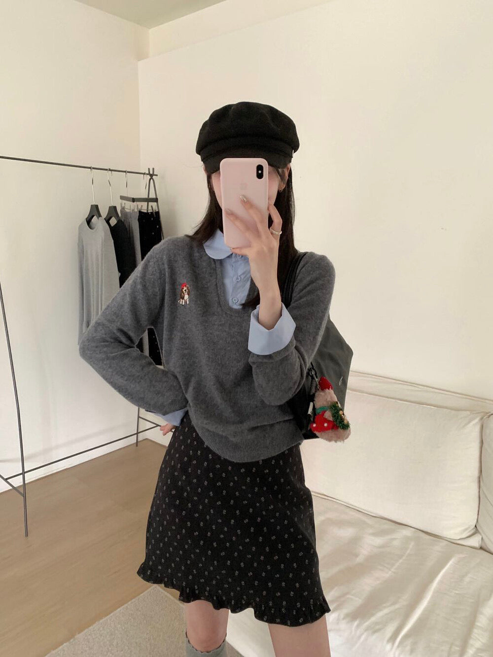 Kelly Designs Puppy Embroidery Wool Layered Fake 2pcs Sweater (Instock)