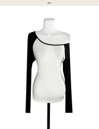 Korean Asymmetric Off-Shoulder Contrast Long Sleeve Top - 4 Colors (Instock)