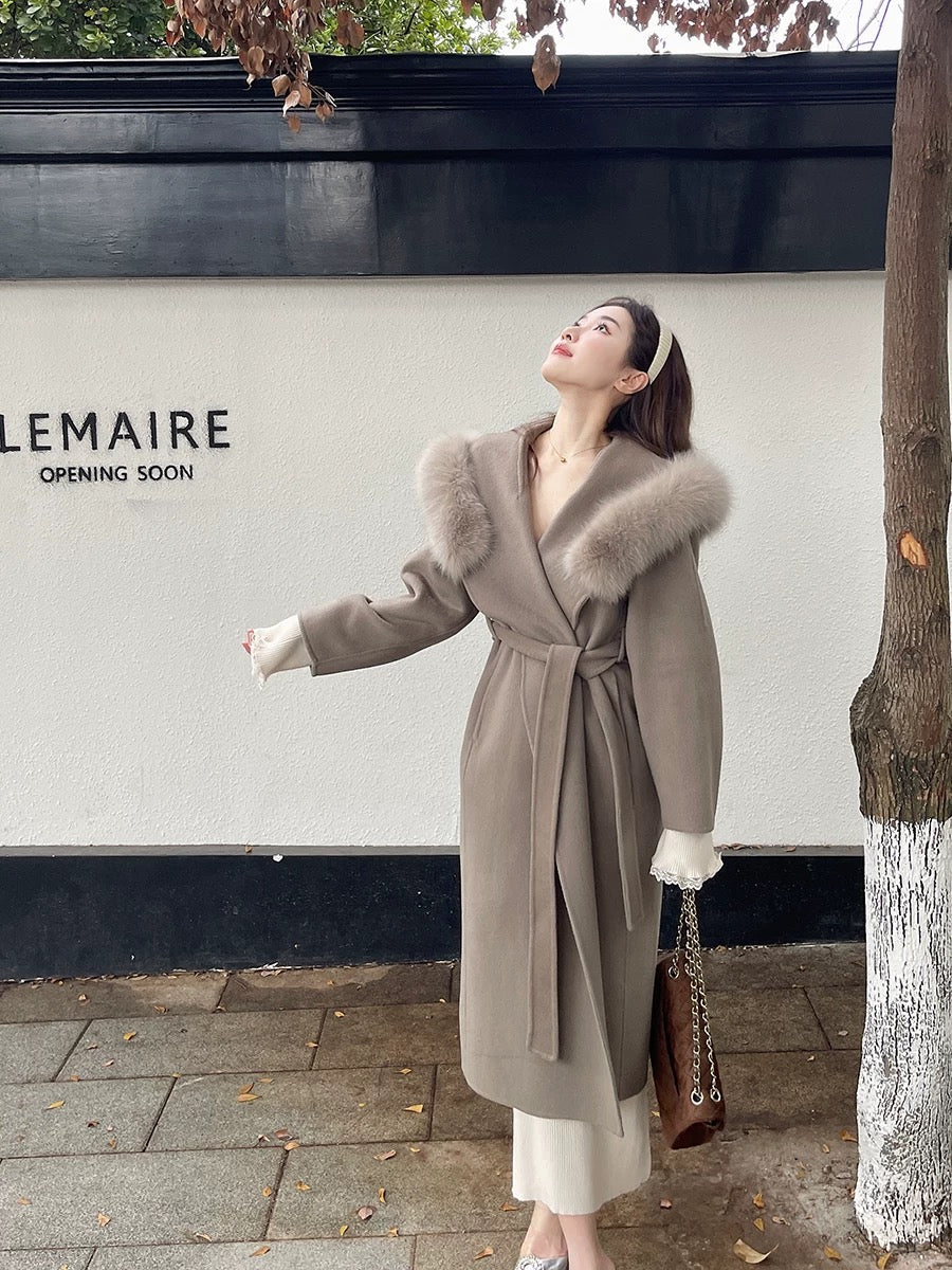 Kelly Designs 100% Wool Long Coat with Fox Fur Collar – Khaki (Instock)
