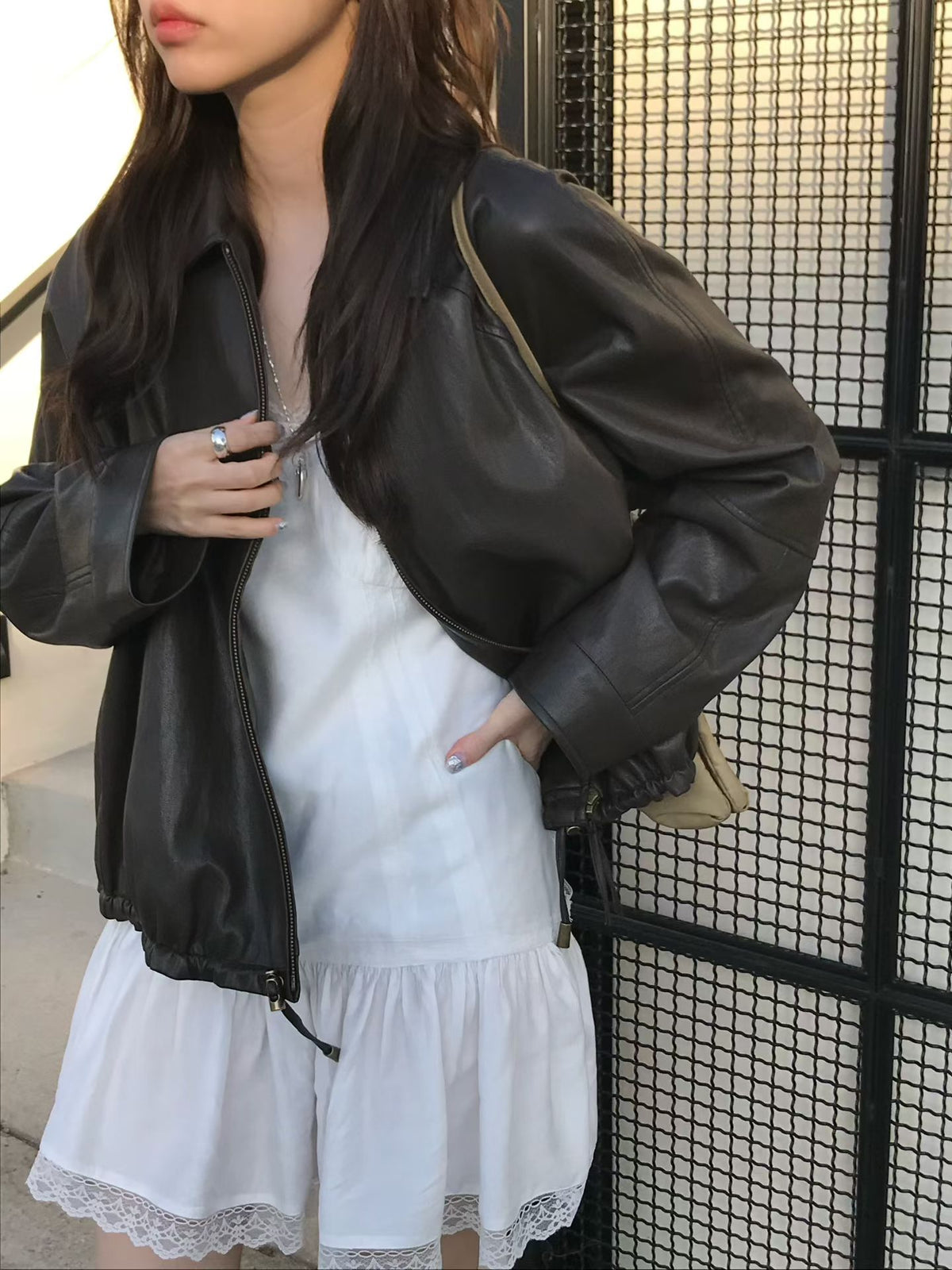 Korean Faux Leather Zip-Up Jacket – Brown (Instock)