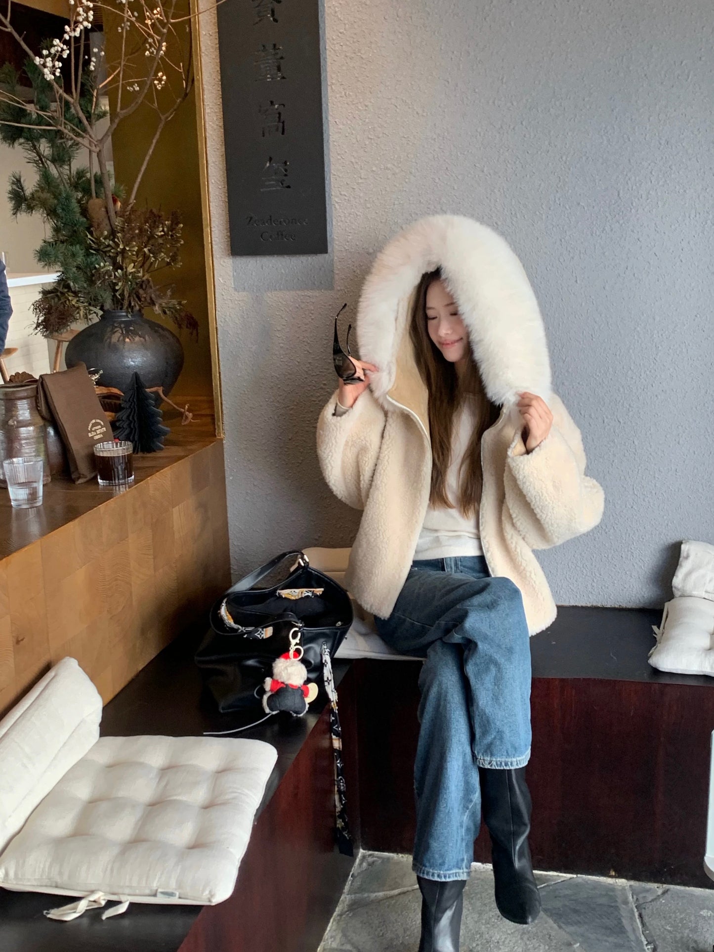 Kelly Designs Oversized Fox Fur Hooded Shearling Wool Jacket with Drawstring Hem (Instock)