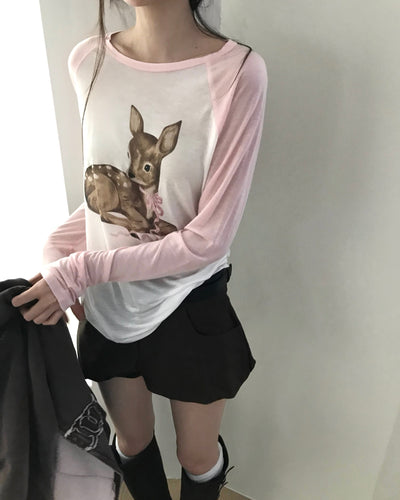 Korean Baby Bambi Raglan Long Sleeve Tee - Pink/Gray (Instock)