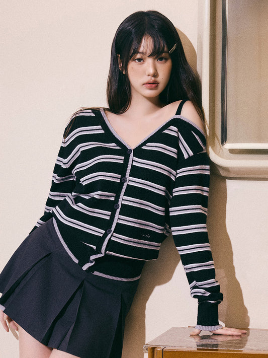 Korean Collection Rolaroal ONE OFF SHOULDER STRIPE WOOL BLENDED Cardigan Black (Instock)