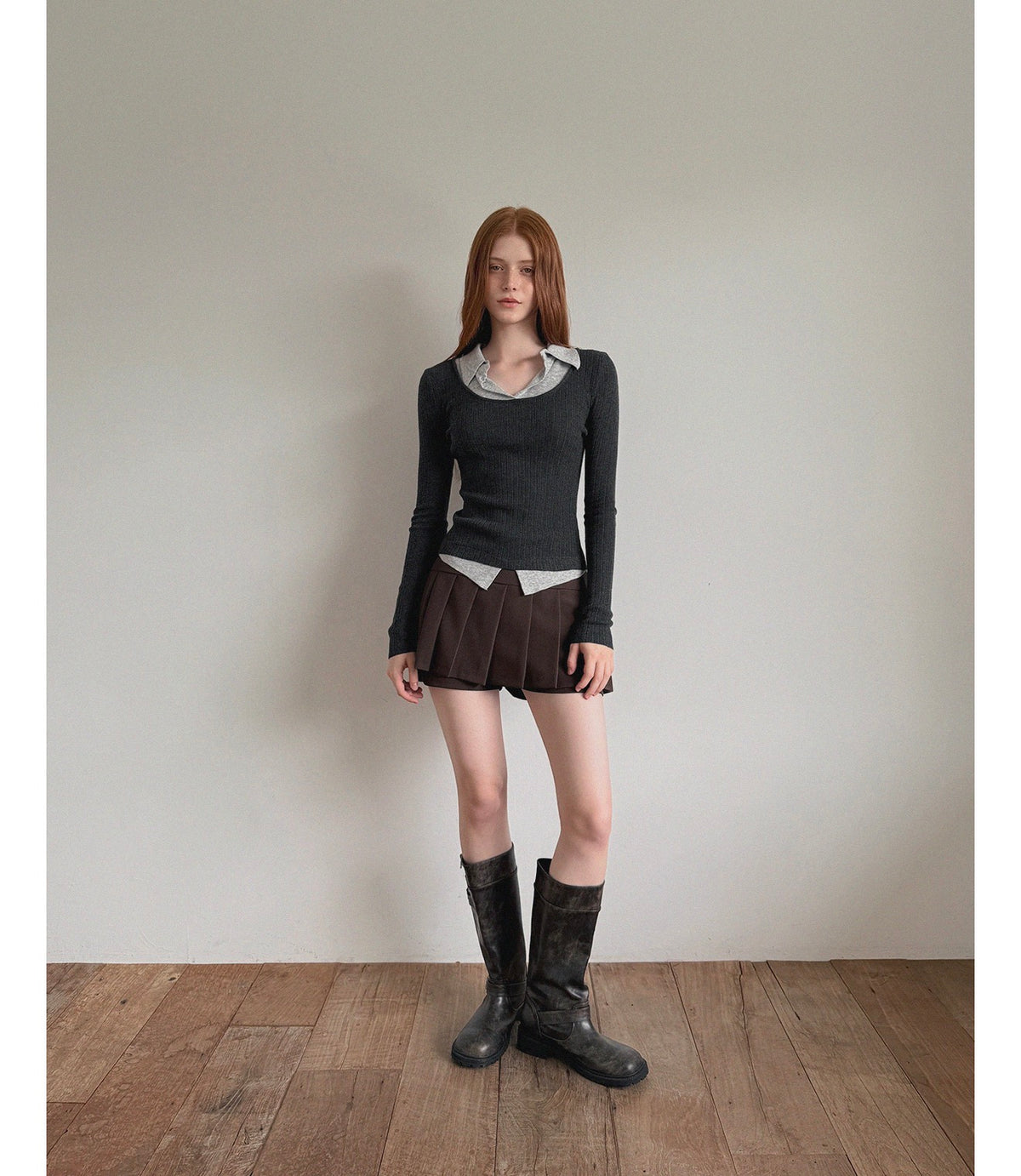 Korean Velvet Contrast Collar Layered Knit Grey Top (Instock)