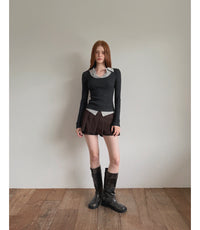 Korean Velvet Contrast Collar Layered Knit Grey Top (Instock)