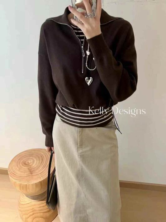 Kelly Designs Real 2Pc Brown Stripe Hoodie Set (Instock)