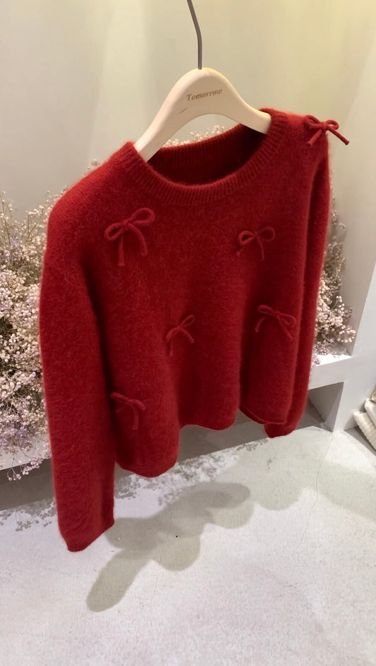 Kelly Designs Raccoon Wool Bow Knit Pullover - Red/Blue (Instock)