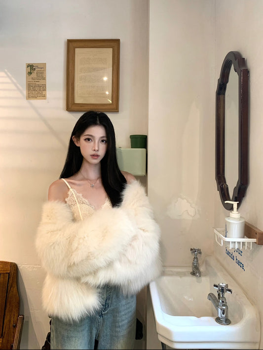 Kelly Designs Pure White Fox Fur V Neck Jacket (instock)