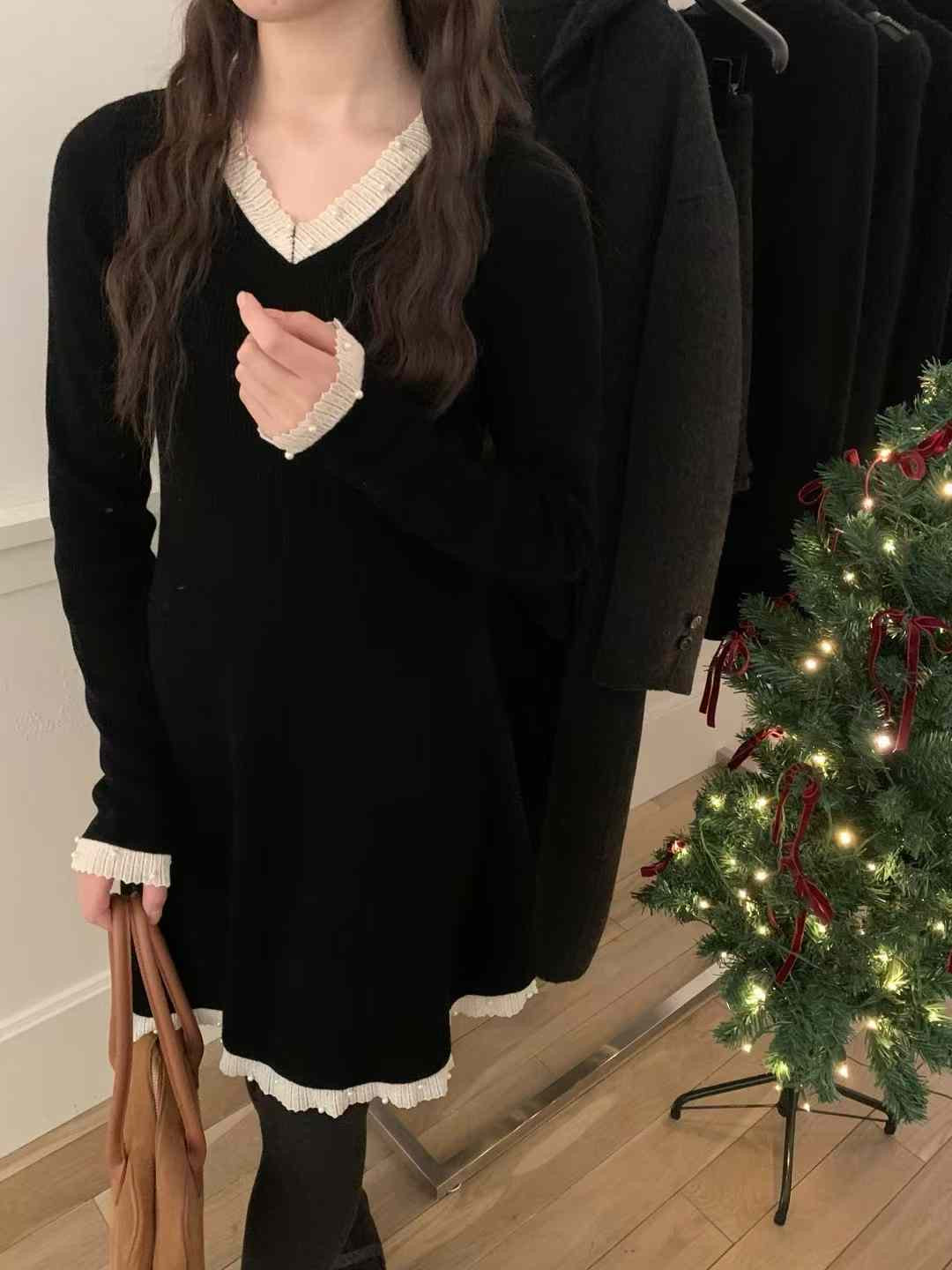 Kelly Designs V Neck Wool Black Dress (Instock)
