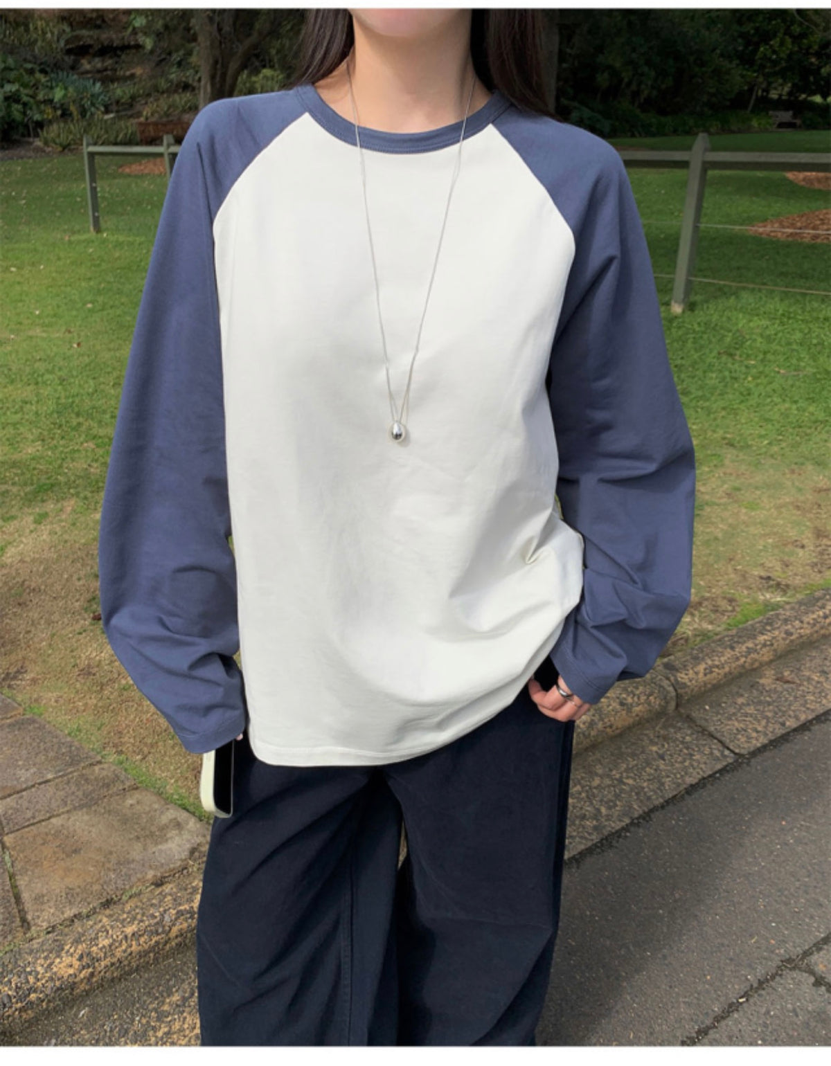 Korean Collection Oversized Contrast Raglan Long-Sleeve Tee (Instock)
