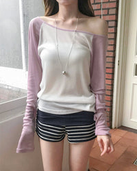 Korean Asymmetric Off-Shoulder Contrast Long Sleeve Top - 4 Colors (Instock)