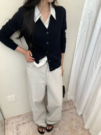 Kelly Designs Linen & Wool-Blend Contrast-Collar Cable-Knit Cardigan (Instock)