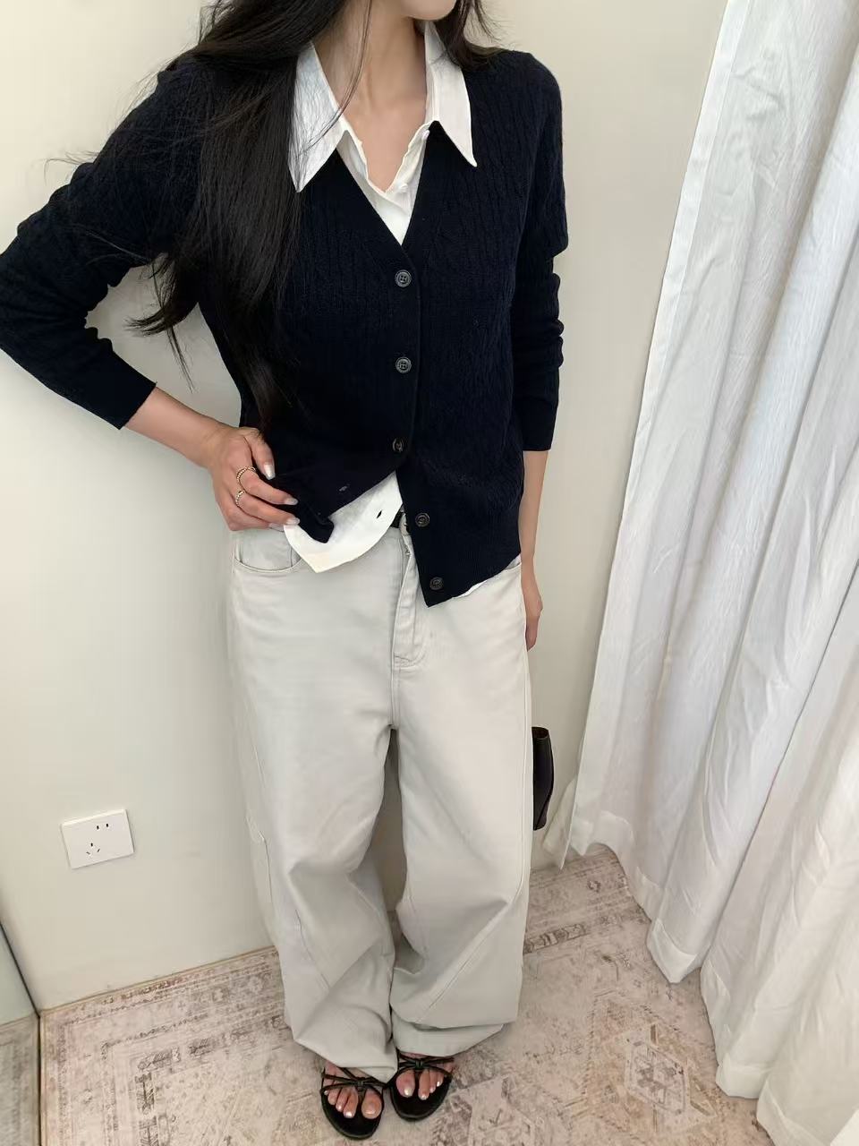 Kelly Designs Linen & Wool-Blend Contrast-Collar Cable-Knit Cardigan (Instock)
