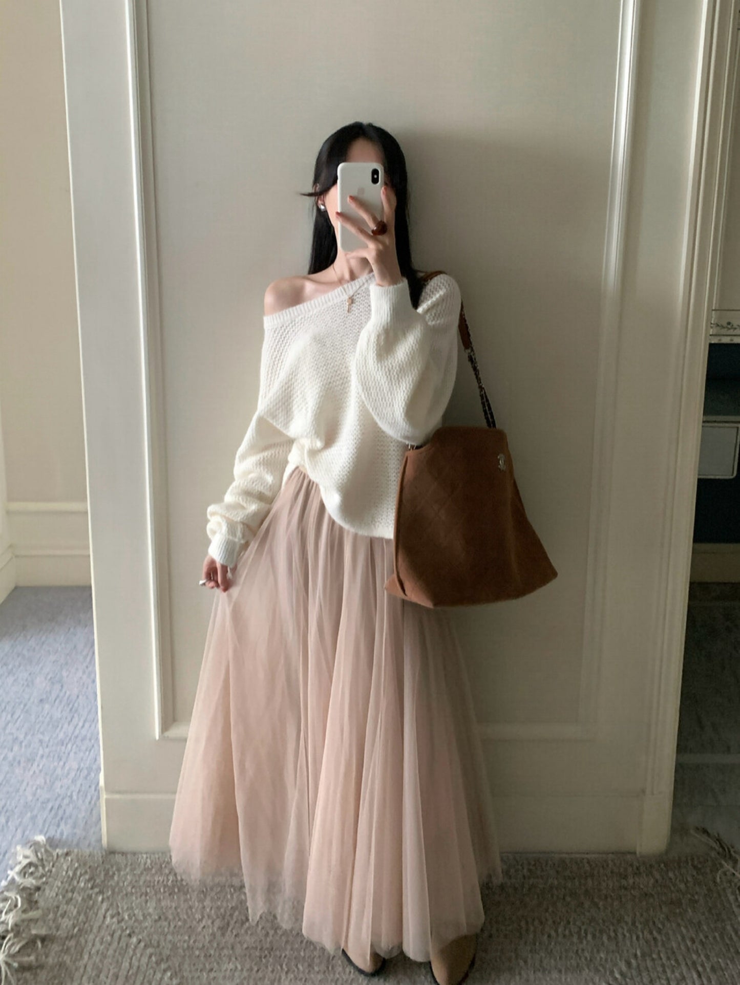 Kelly Designs Off-Shoulder Knit Sweater with Back Ribbon Tie & Khaki Skirt (Instock)