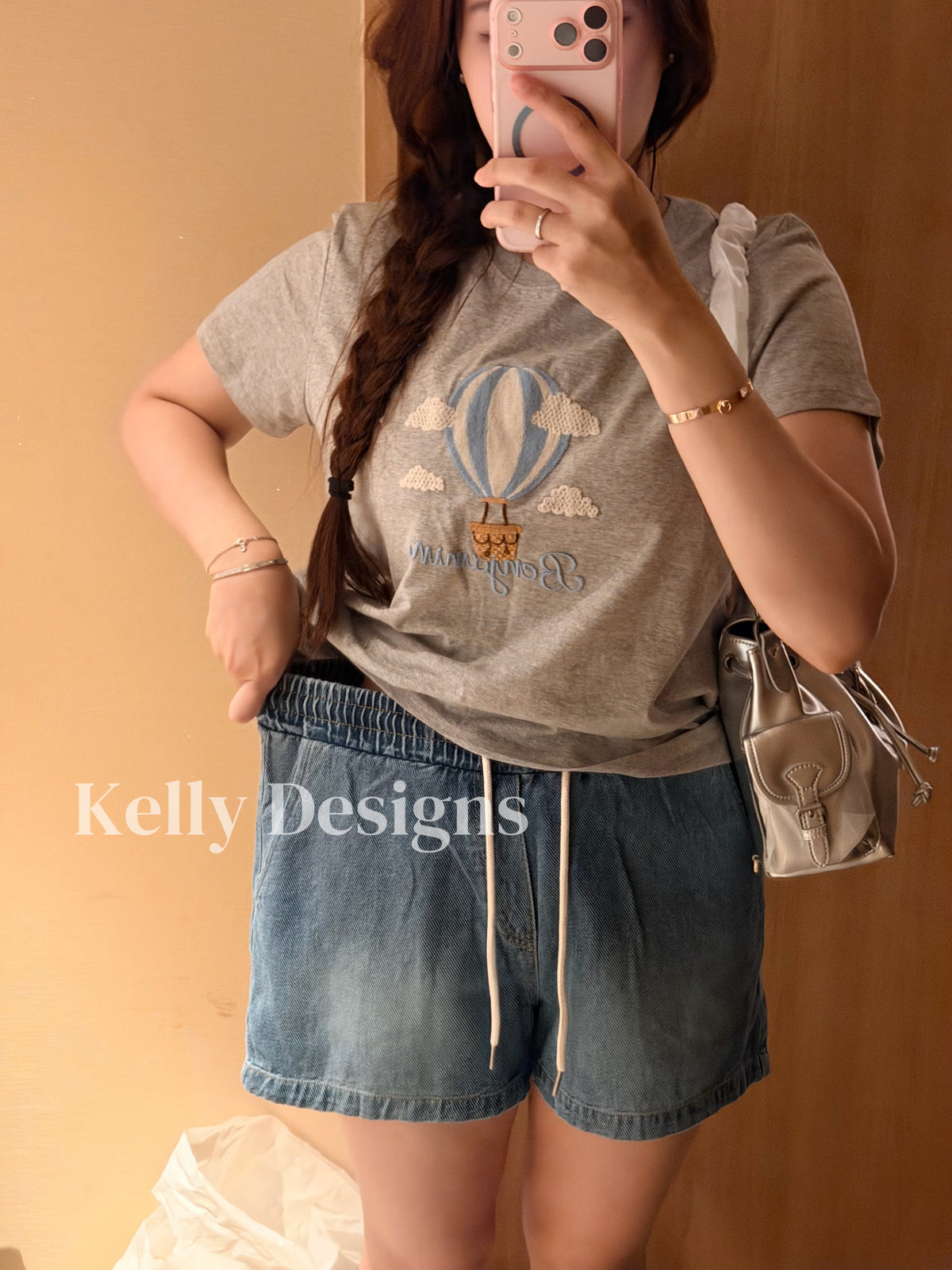Korean APM Collection Ballon Gray Tshirt & Denim Shorts (Instock)