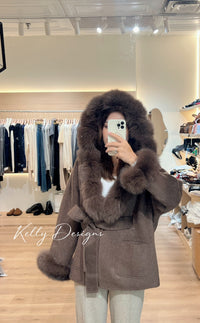 Kelly Designs Fox Fur Brown Wool Coat (Instock)