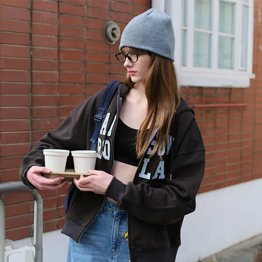 Korean Collection Rolarola Patchwork Campus Hood Zip Up Charcoal (Instock)