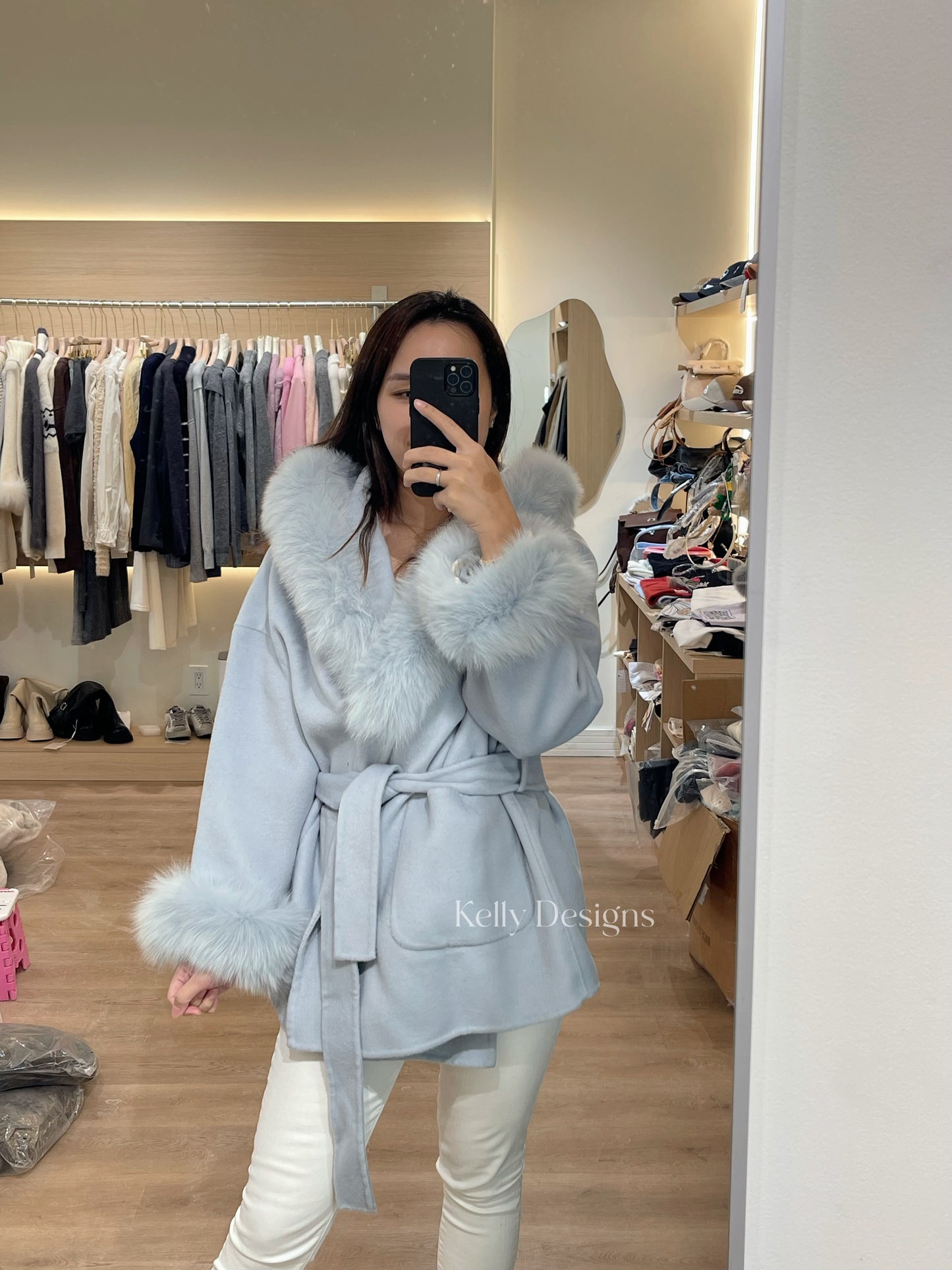 Kelly Designs Fox Fur Wool Blue Coat (Instock)