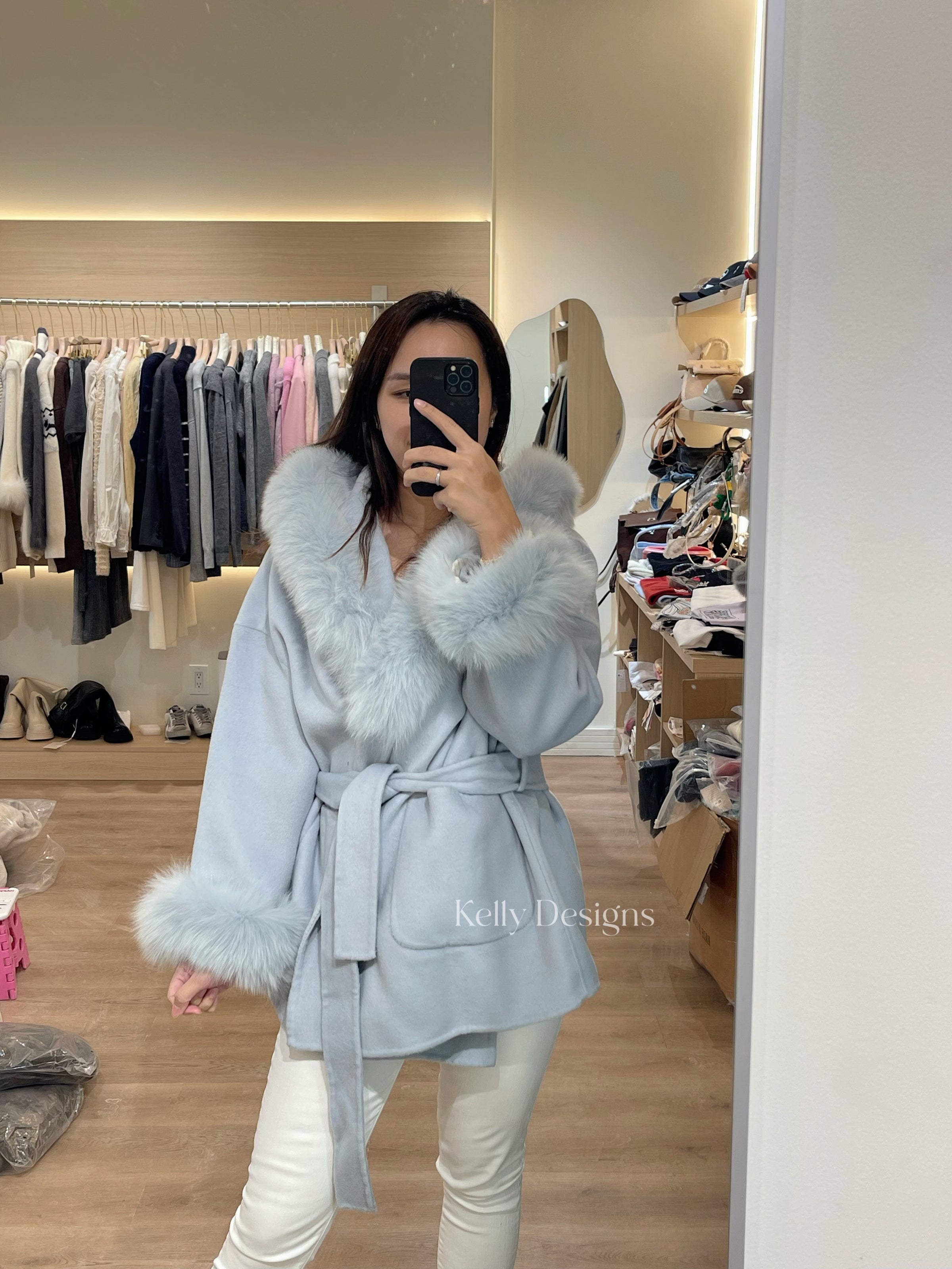 Kelly Designs Fox Fur Wool Blue Coat (Instock)