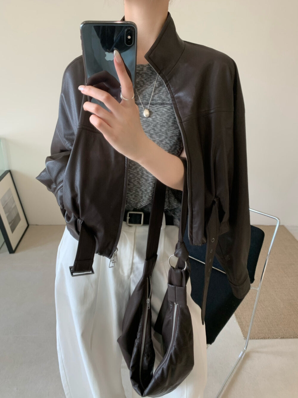 Kelly Designs 3colors Soft PU Leather Hoodie Jacket With Bag Set (Instock)