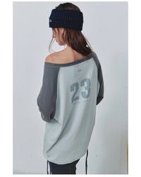 Korean CITTA Number 23 Raglan Off-Shoulder T-Shirt - Light Grey (Instock)