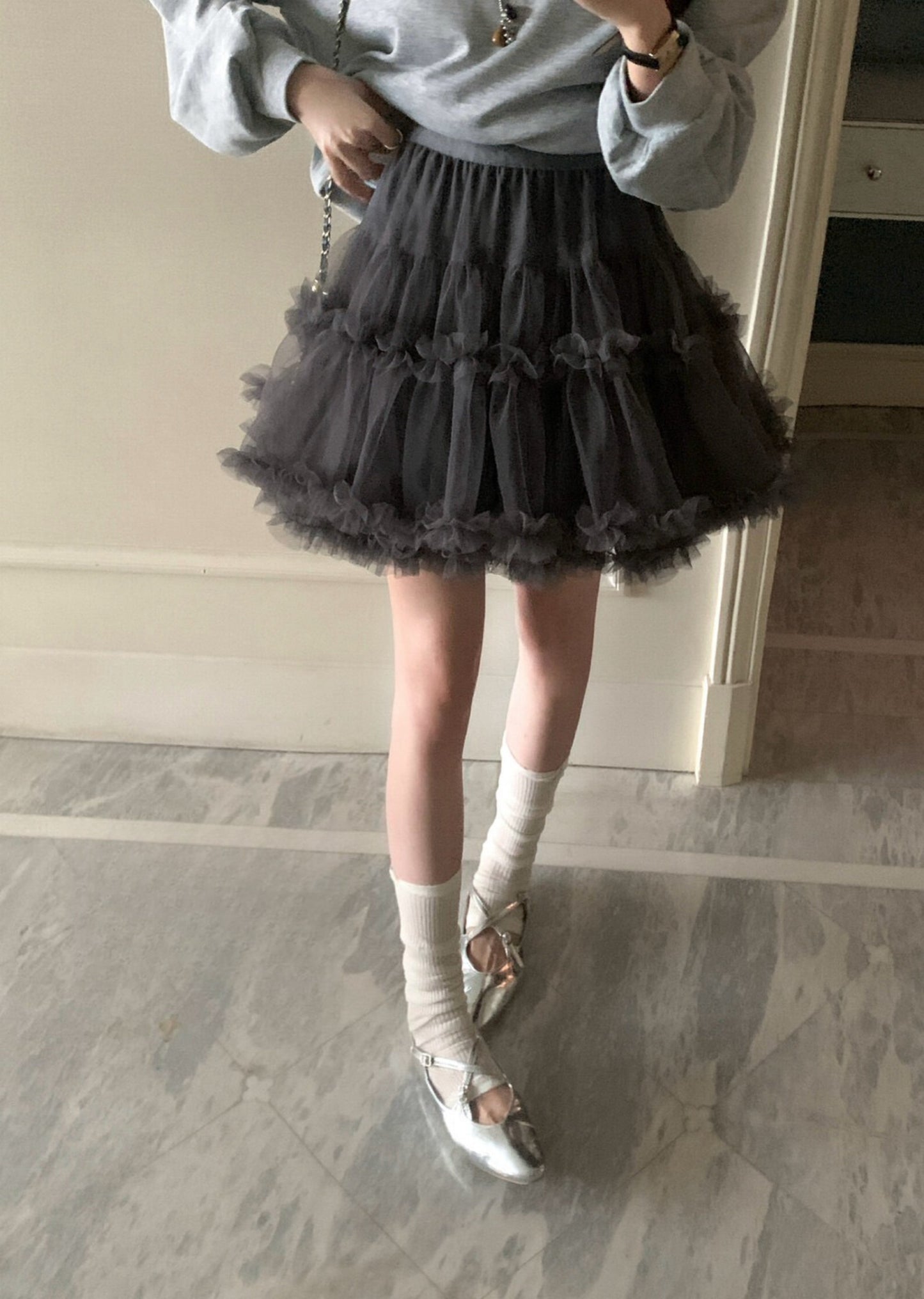 Kelly Designs Off-Shoulder Faux Layered Sweatshirt & Grey Skirt (Instock)