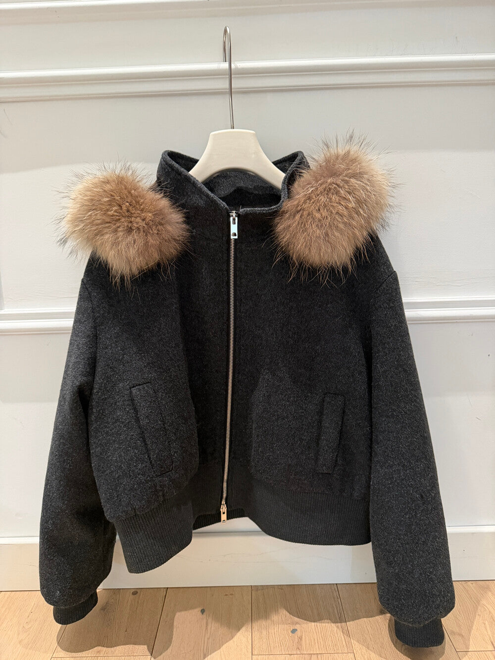 Kelly Designs Minimal Wool-Blend Short Goose Jacket with Detachable Raccoon Fur Collar (Instock)