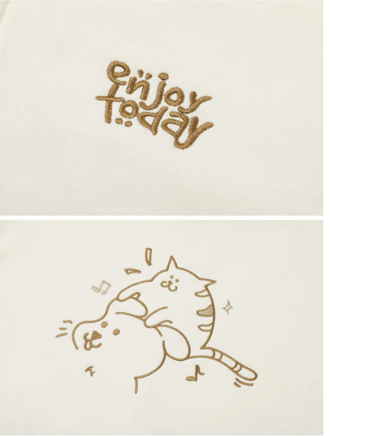 Korean Collection Enjoy Cat Zip Up Oversize Beige Hoodie (Instock）