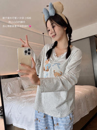 Kelly Designs Teddy Bear Lace-Trim Pajama Set – Grey & Blue Plaid (Instock)