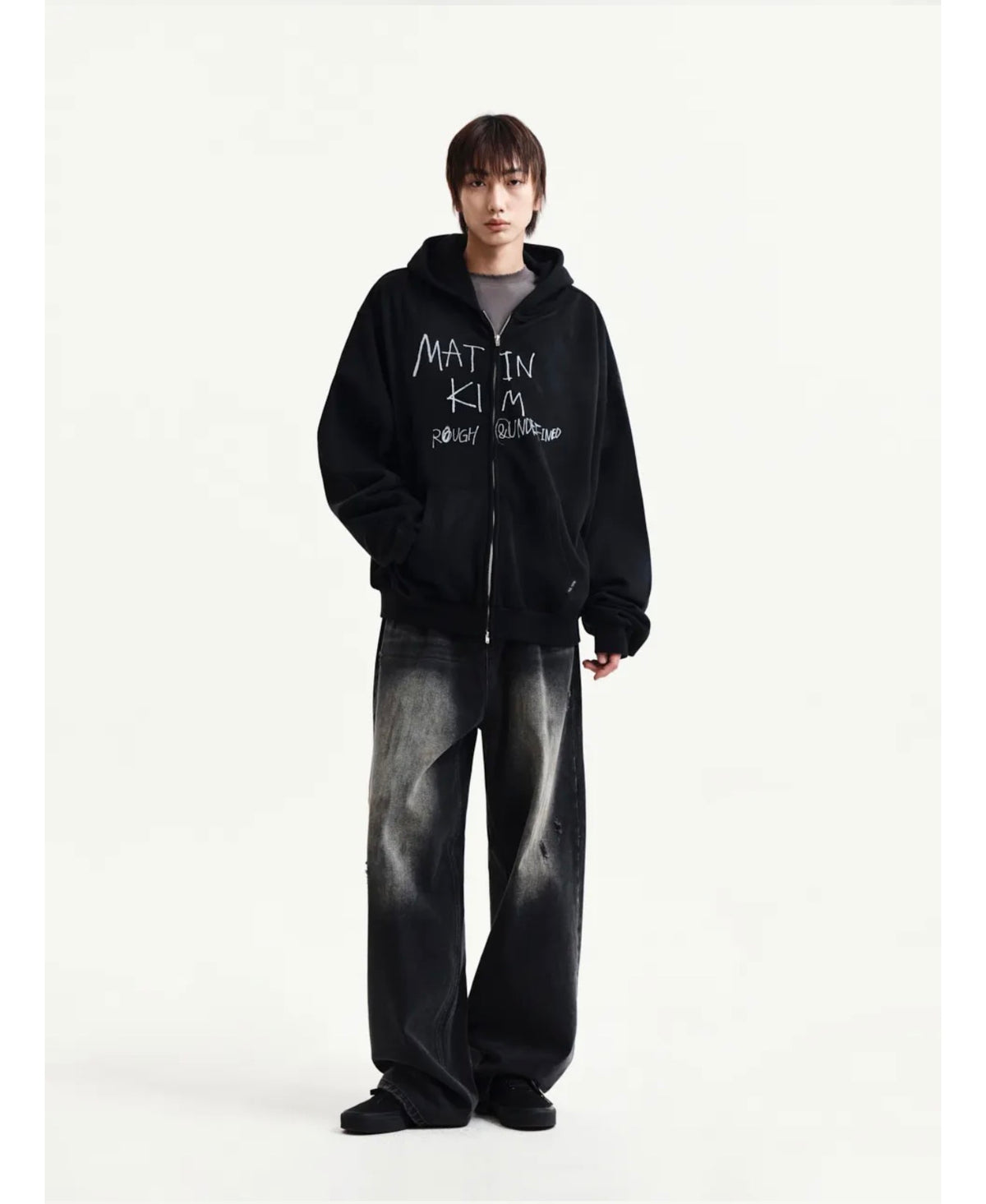 Matin Kim VINTAGE WASHED GRAFFITI HOODY ZIP UP IN Black (Preorder Mid Of October)
