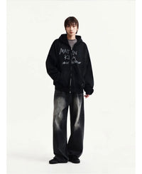 Matin Kim VINTAGE WASHED GRAFFITI HOODY ZIP UP IN Black (Preorder Mid Of October)