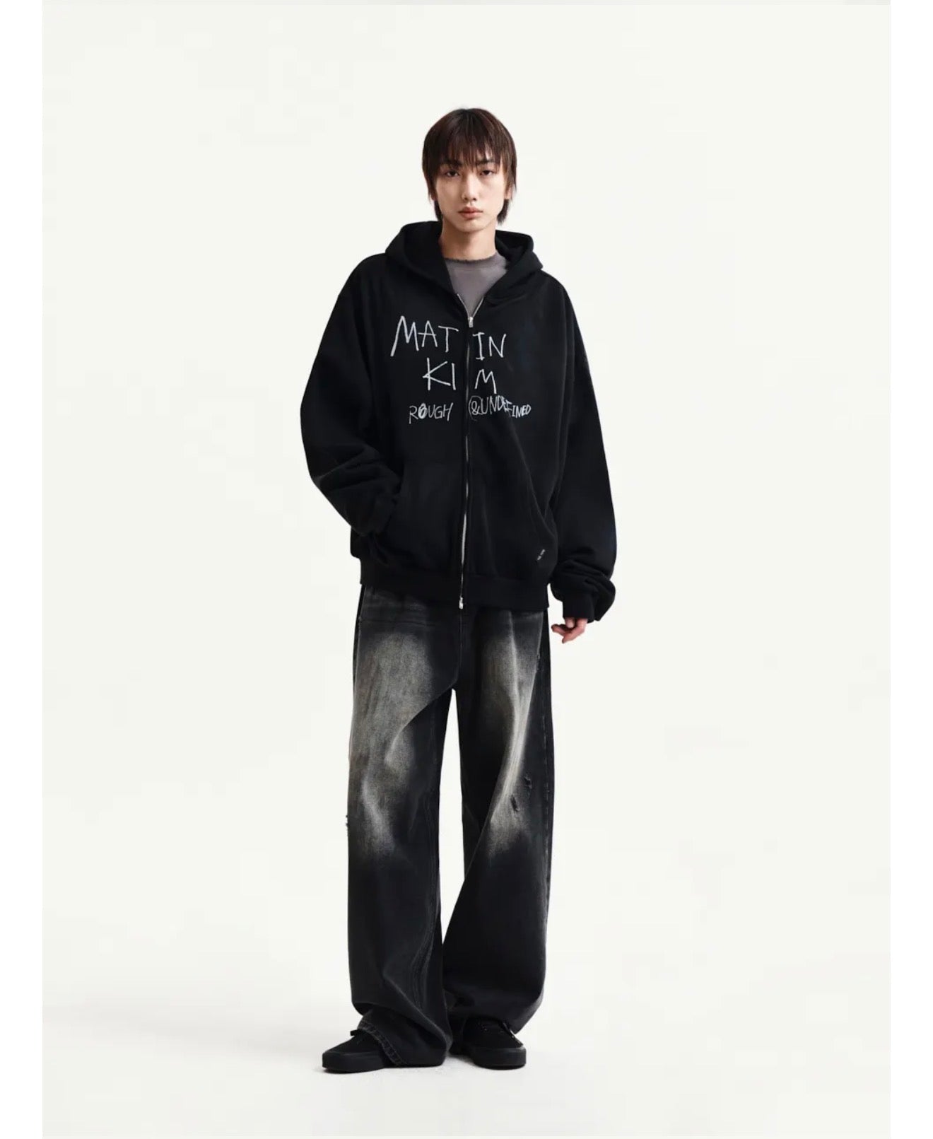 Matin Kim VINTAGE WASHED GRAFFITI HOODY ZIP UP IN Black (Preorder Mid Of October)