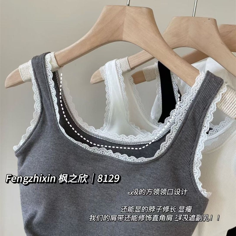 Kelly Designs Soft Ribbed Lace Tank with Built-In Bra Top (Instock)