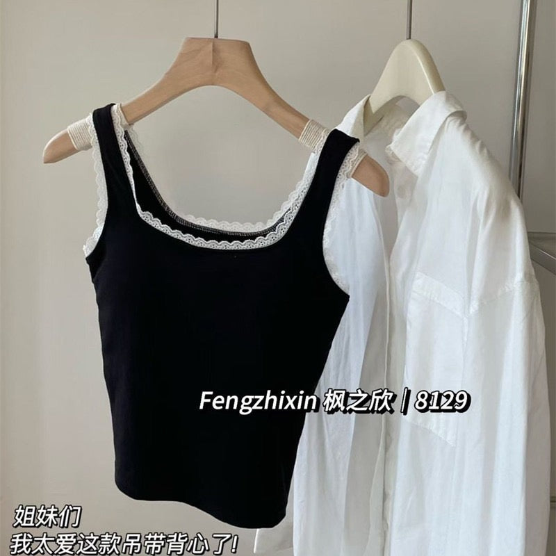 Kelly Designs Soft Ribbed Lace Tank with Built-In Bra Top (Instock)