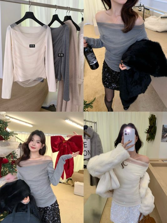 Kelly Designs Off-Shoulder Mesh Ruched Long Sleeve Top (Light Fleece) (Instock)