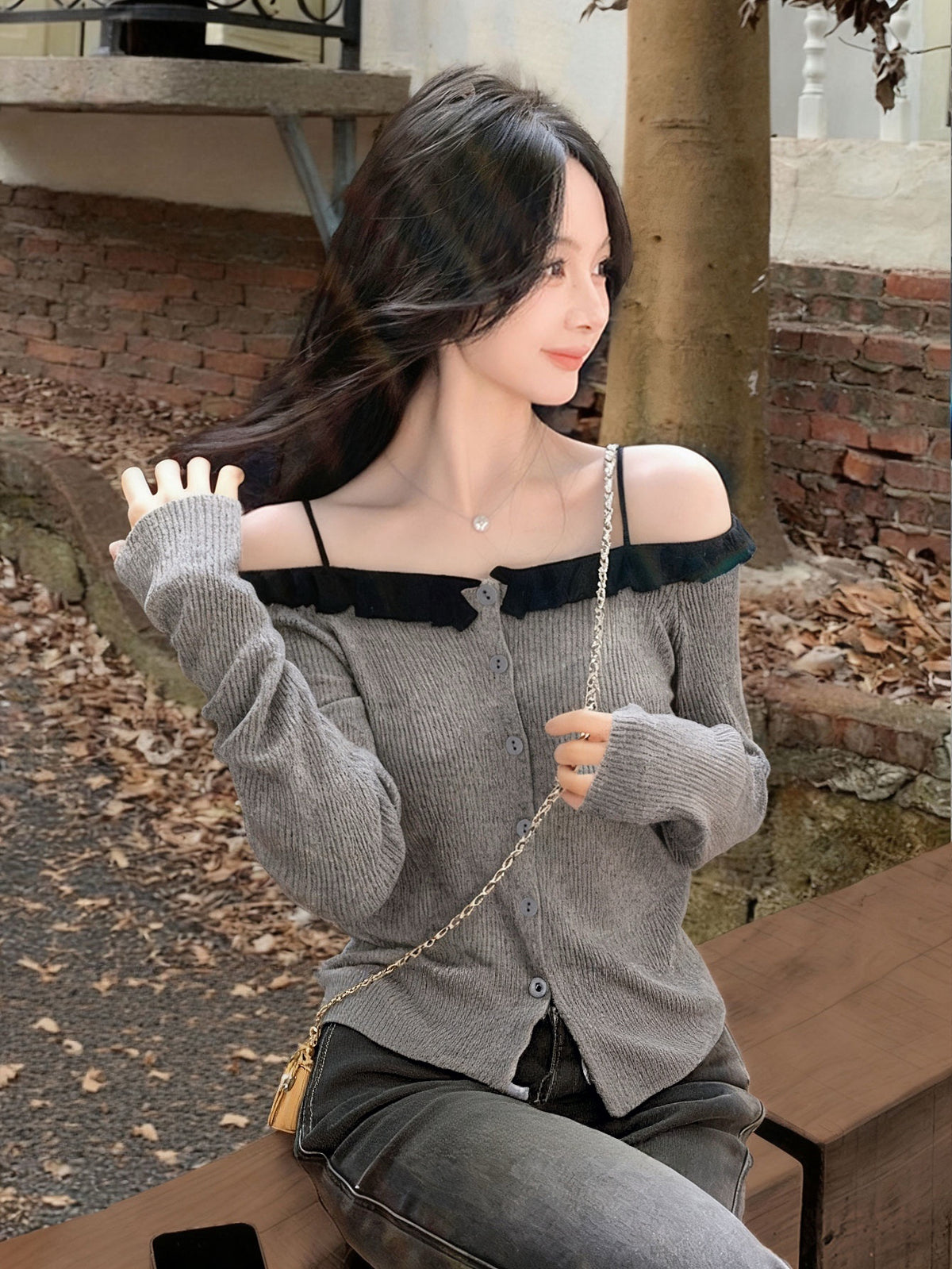 Kelly Designs  Off-Shoulder Ruffle Knit Cardigan – Soft Girl Button Grey Top (Instock)