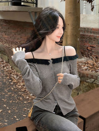 Kelly Designs  Off-Shoulder Ruffle Knit Cardigan – Soft Girl Button Grey Top (Instock)