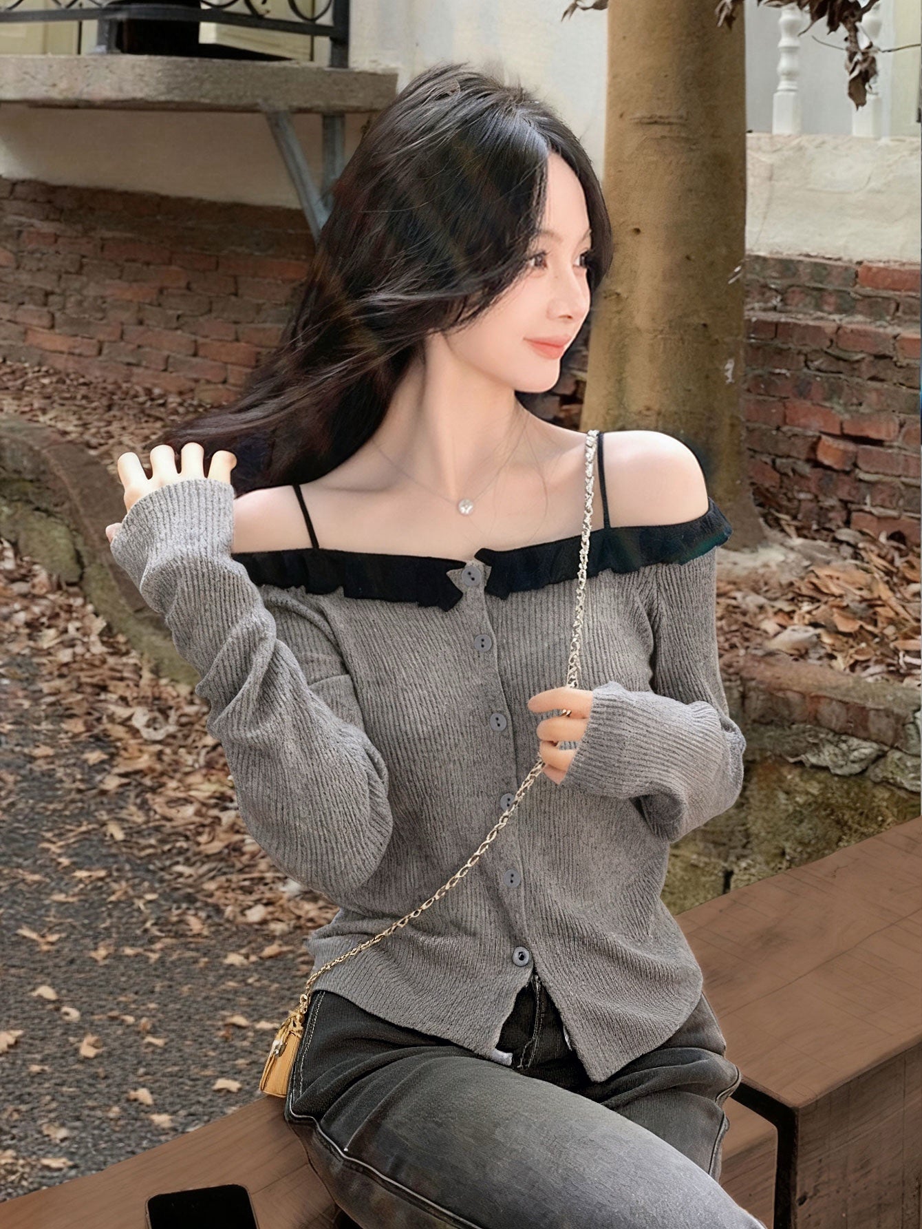 Kelly Designs  Off-Shoulder Ruffle Knit Cardigan – Soft Girl Button Grey Top (Instock)