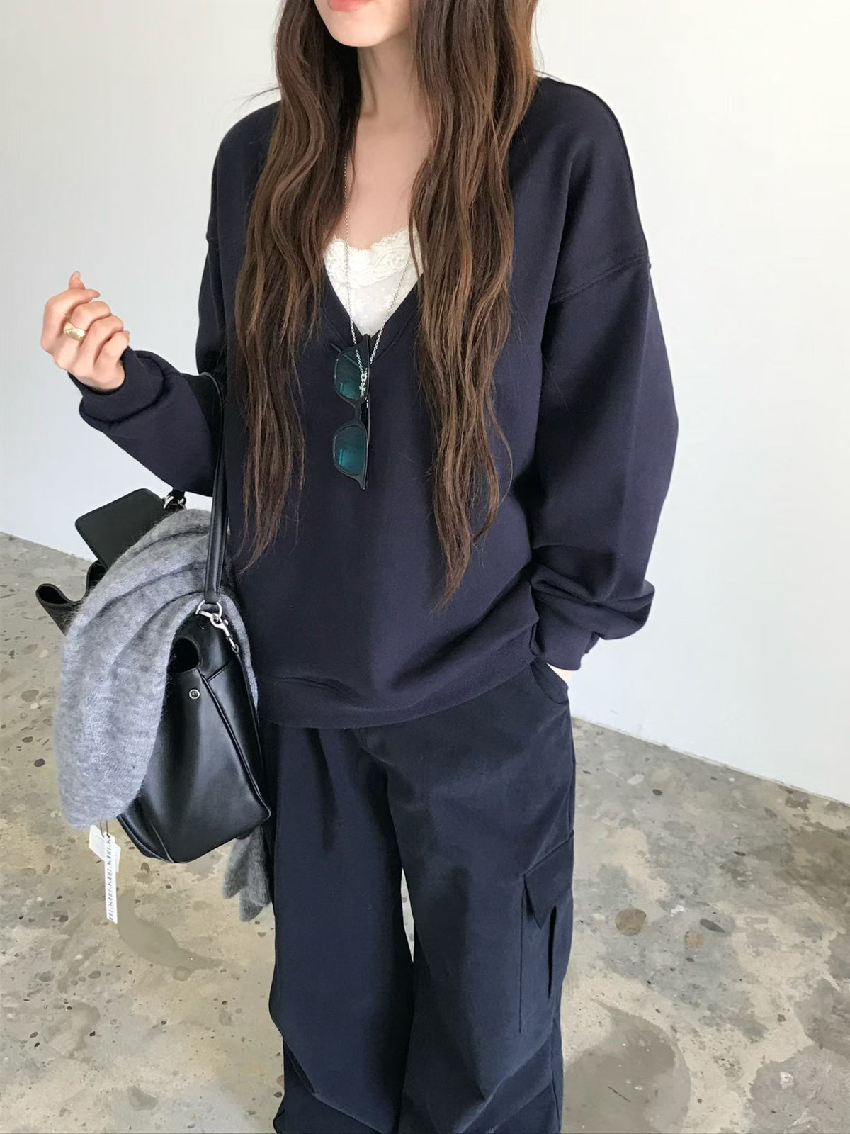 Korean APM Collection Relaxed Deep V-Neck Sweatshirt (Instock)