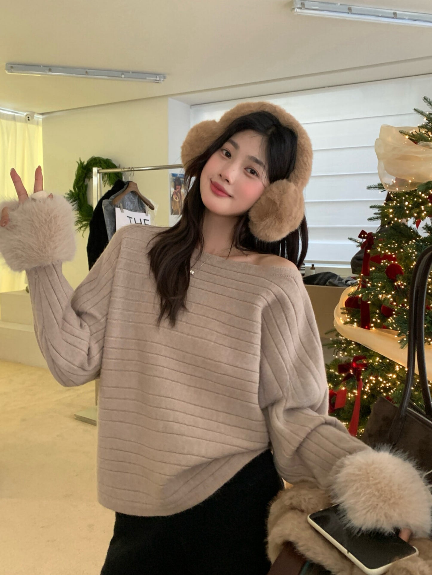 Kelly Designs  French-Inspired Off-Shoulder Knit Sweater with Fur Cuffs (Instock)