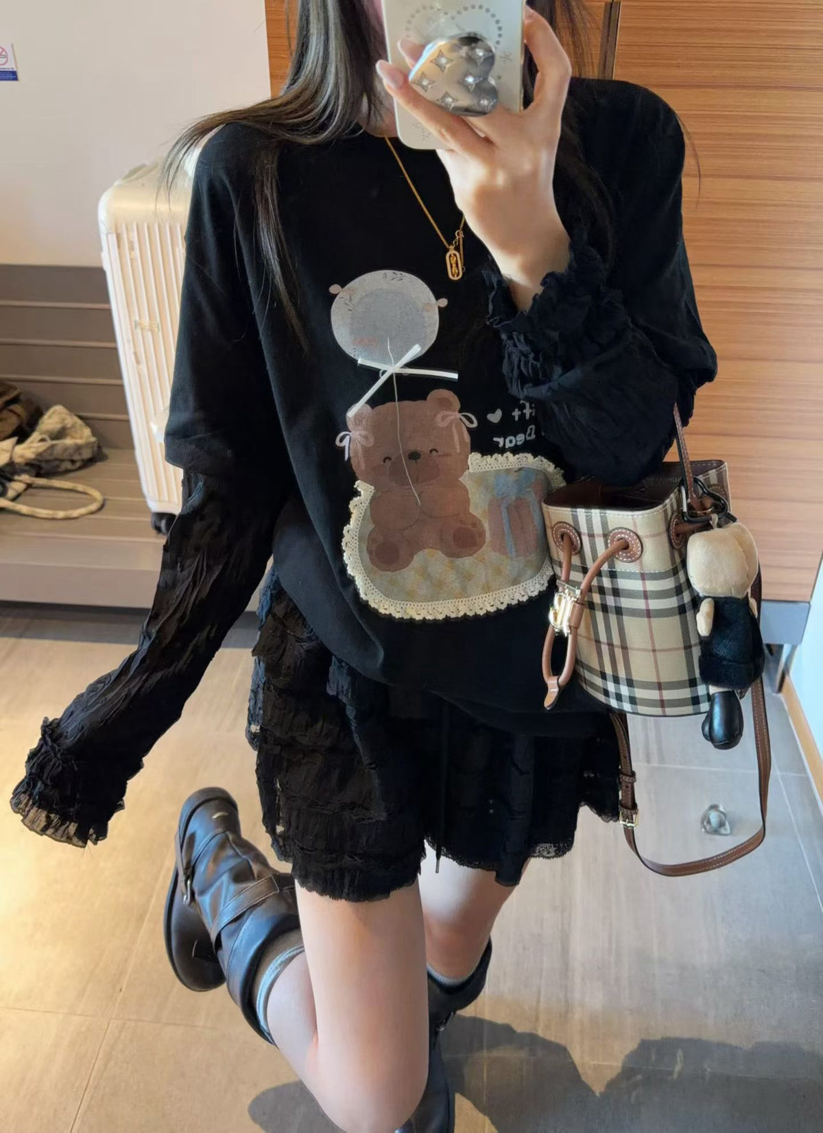 Korean APM Collection Bear Graphic Layered Lace Long Sleeve Tee (Instock)