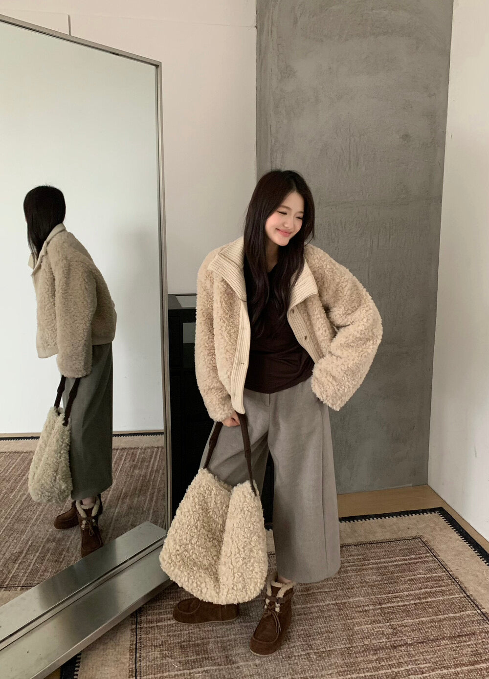 Kelly Designs Soft Teddy Knit-Trim Jacket – Cozy Stand Collar Short Coat (Instock)