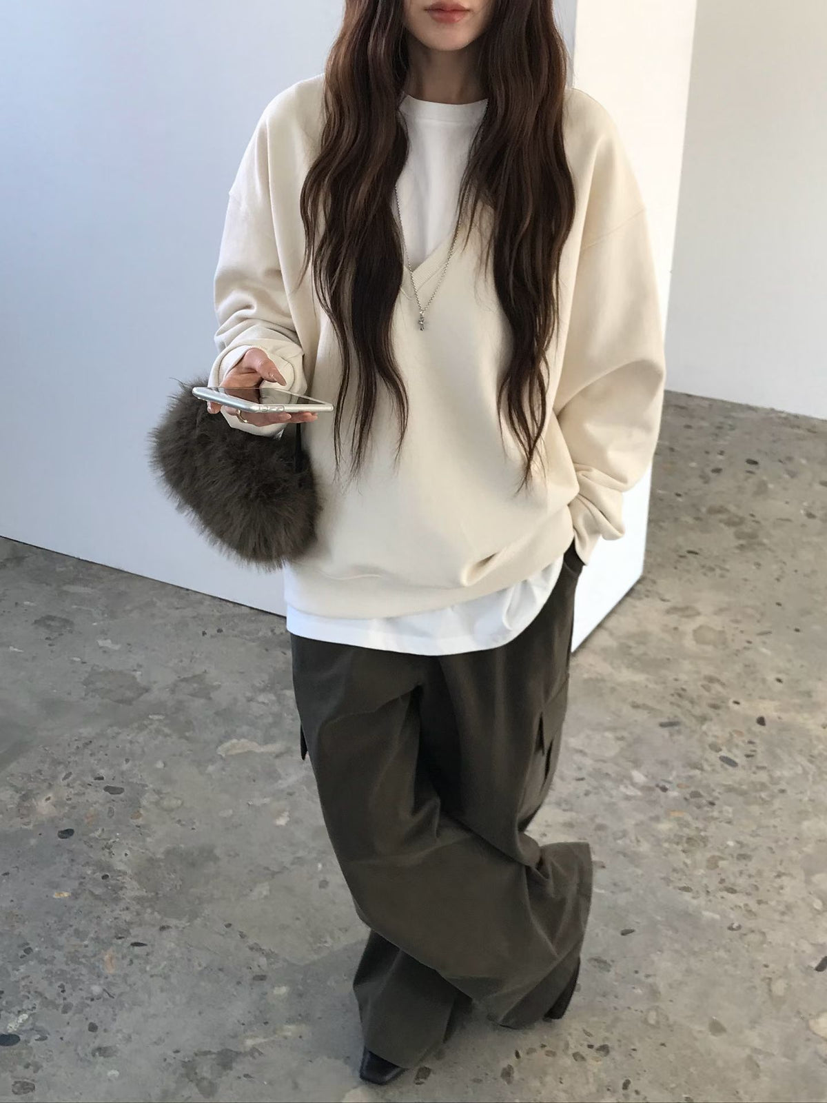 Korean APM Collection Relaxed Deep V-Neck Sweatshirt (Instock)