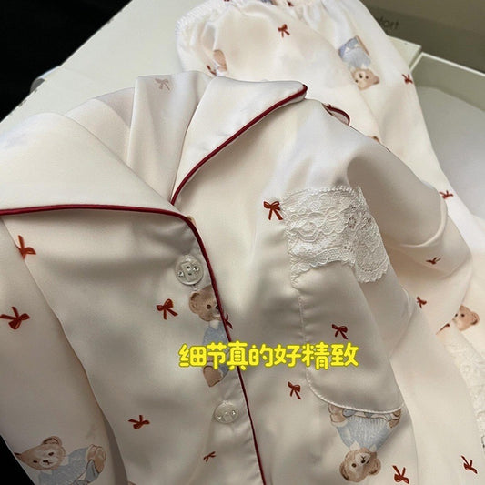 Kelly Designs Sweet Bear Print Ice Silk Pajamas – Short Sleeve & Long Pants Set (Instock)