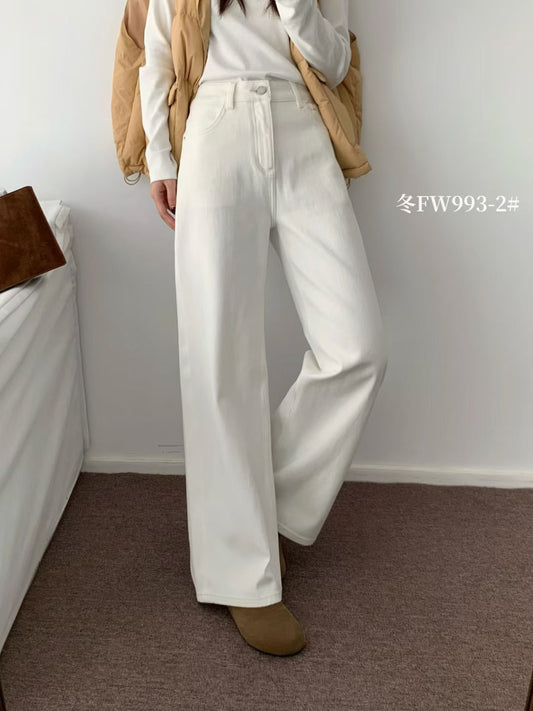 Kelly Designs Fleece-Lined Straight Denim White Pants(Instock)