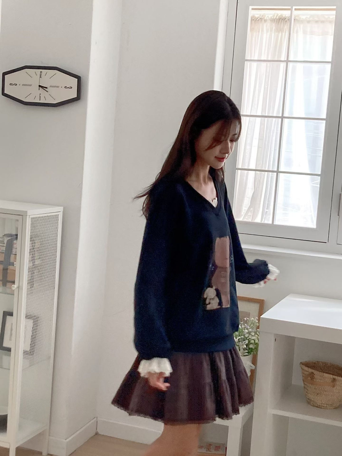Korean Collection Teddy Bear Lace-Trim Sweatshirt (Instock)