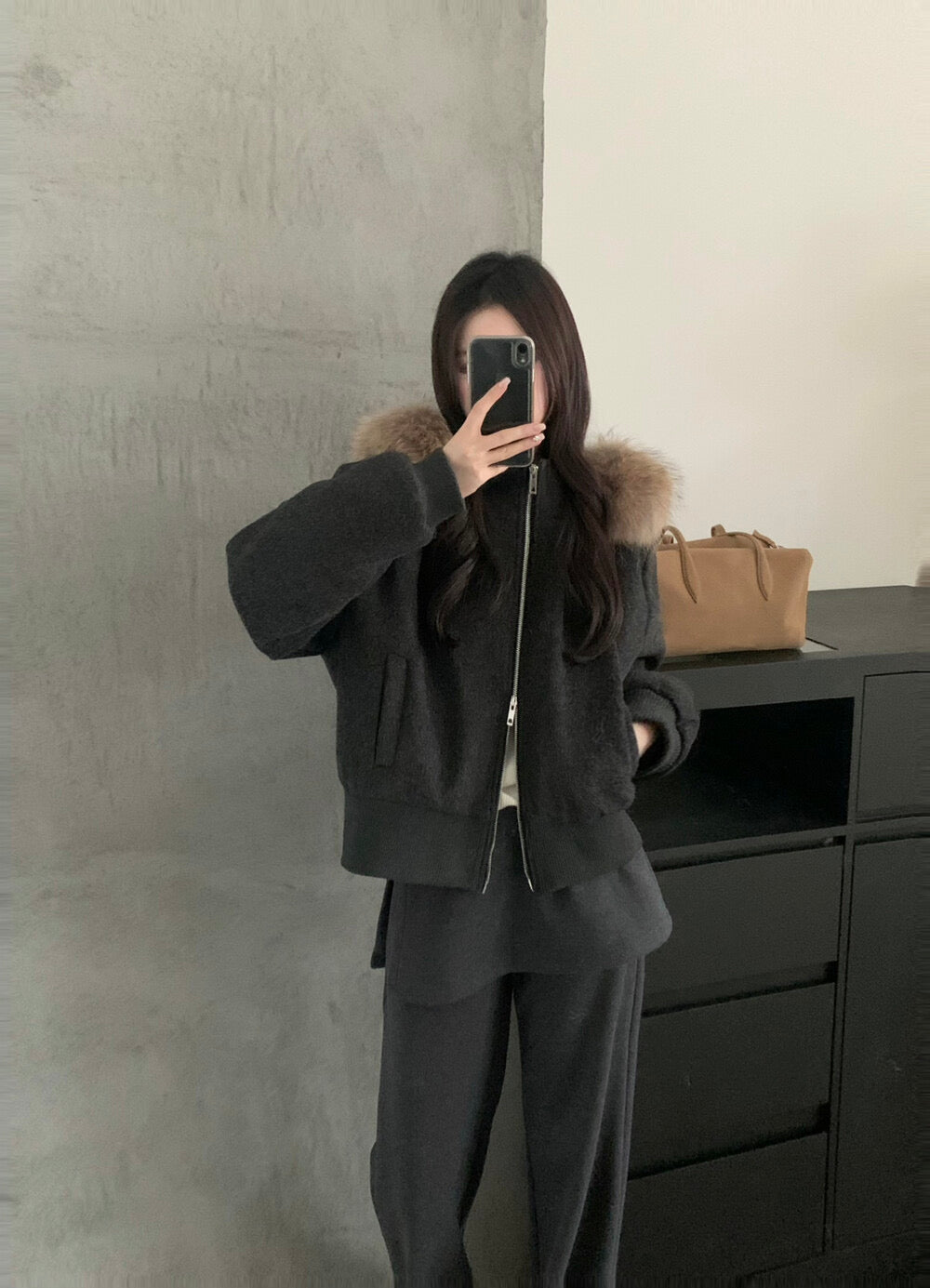 Kelly Designs Minimal Wool-Blend Short Goose Jacket with Detachable Raccoon Fur Collar (Instock)