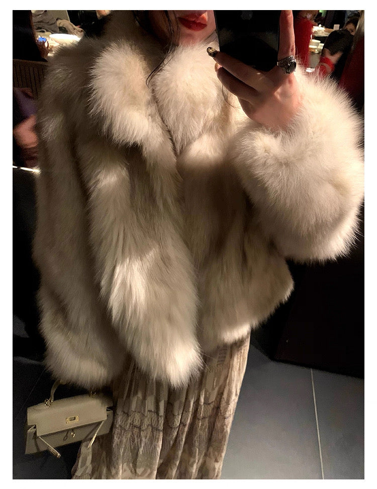 Kelly Designs Taupe Fox Fur Jacket with High Neck (Instock)